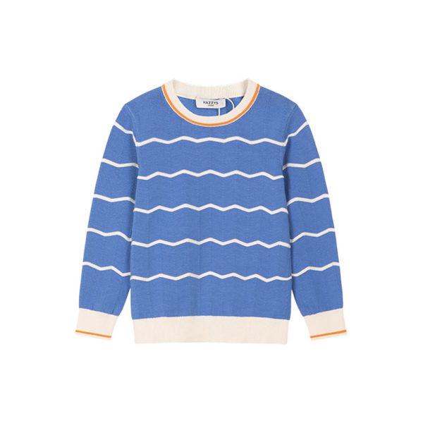 Kids' Blue Sweater with Wavy Stripes and Orange Trim 4 Kids' Blue Sweater (1)