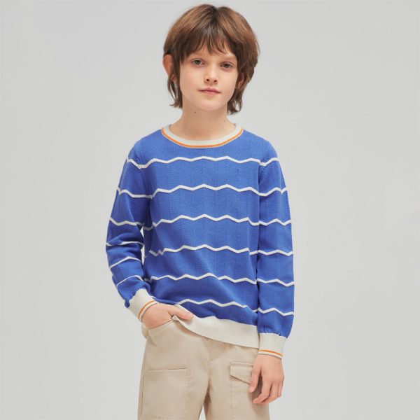 Kids' Blue Sweater with Wavy Stripes and Orange Trim 1 Kids' Blue Sweater (2)