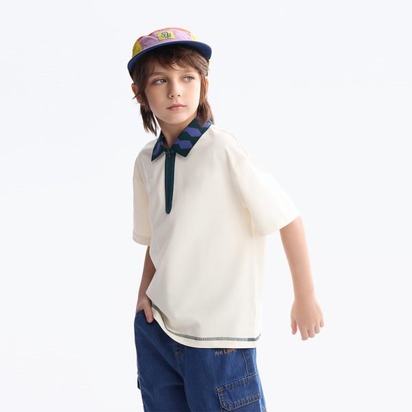 Beige Kids' Polo with Zip & Camo Contrast Collar 4 Kids' Polo (1)