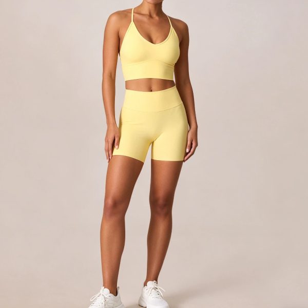 Luckpanther Lemon Yellow Sports Set Thin Strap Bra & High-Waist Shorts 1 Luckpanther Lemon Yellow Sports Set